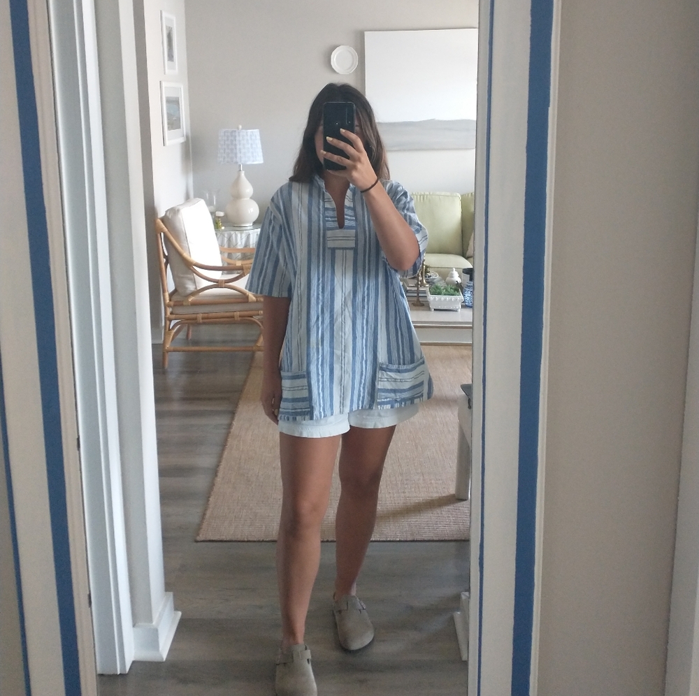 Handmade In Greece 100% Cotton Blue and White Striped Shirt With Pockets